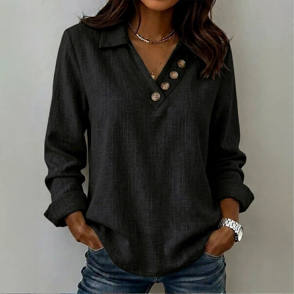 Women's Collared V-Neck Button Long Sleeve Casual Blouse