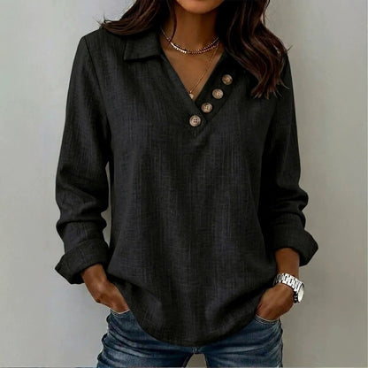 Women's Collared V-Neck Button Long Sleeve Casual Blouse