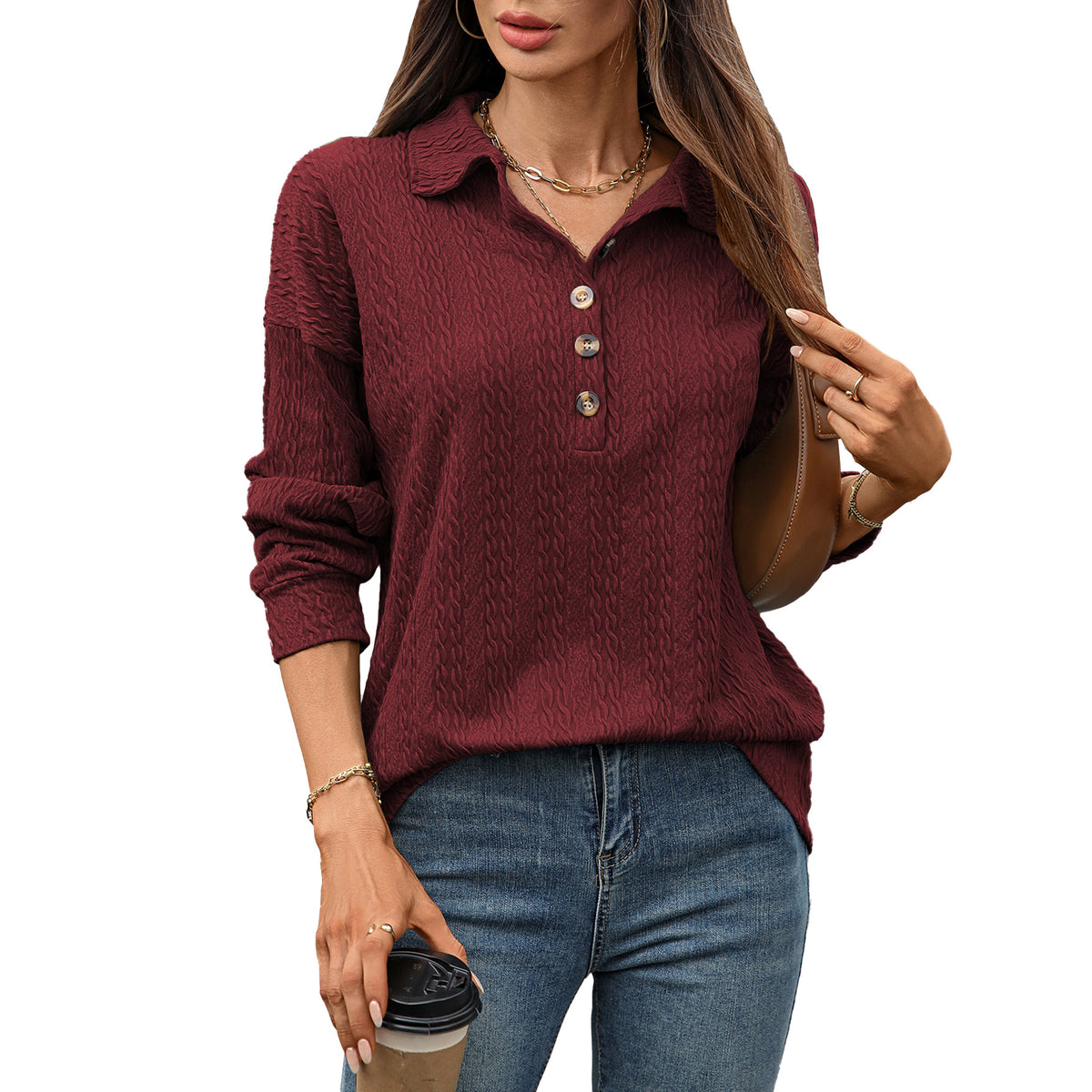 Womens Collared Button Long Sleeve Oversized Pullover Top