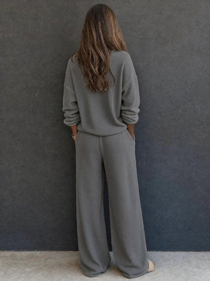 Waffle Knit Lounge Set Women Two Piece Wide Leg Pants