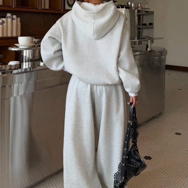 Solid Hoodie Lounge Set Wide Leg Two Piece Outfit