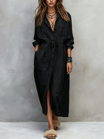 Women Long Sleeve Button Down Shirt Dress Drawstring Midi