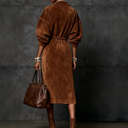 Women's Faux Suede Zip Front Midi Dress Belted Long Sleeve