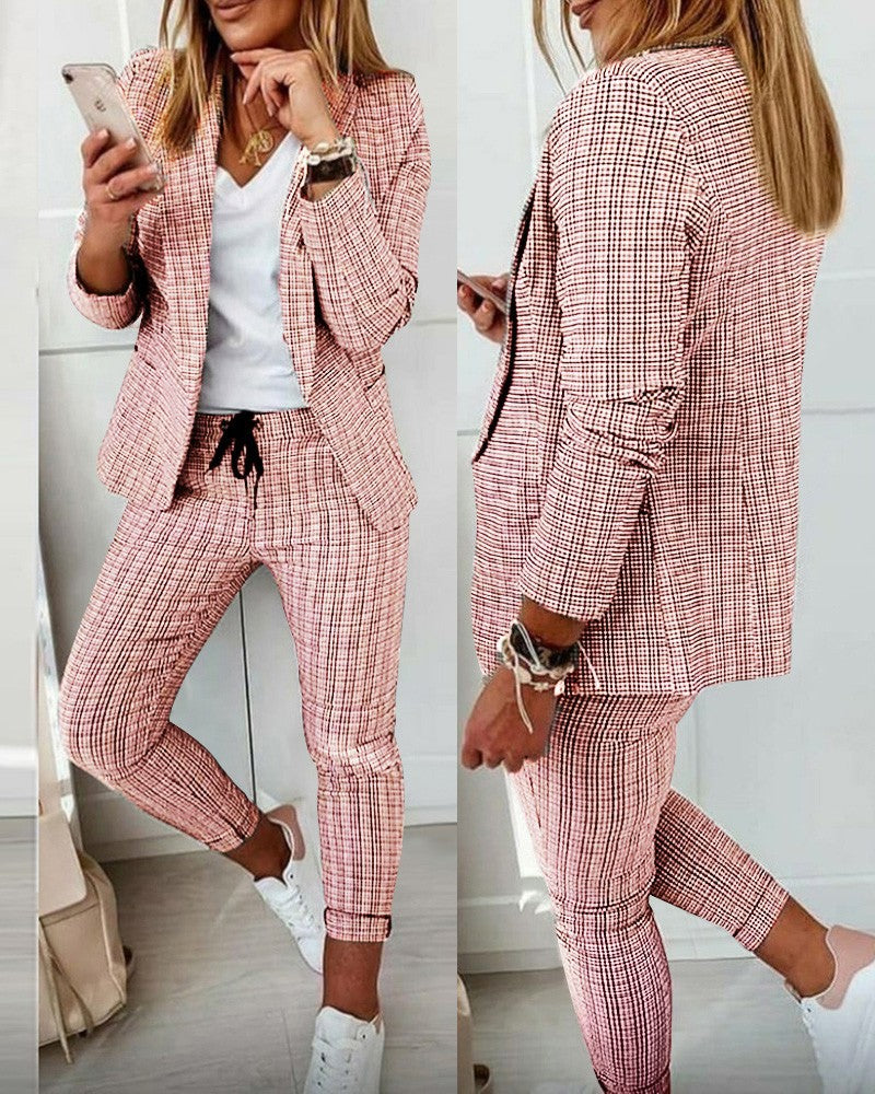 Women's Plaid Blazer Pants Set 2 Piece