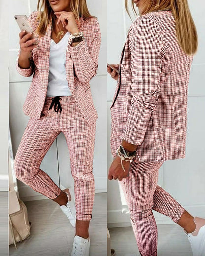 Women's Plaid Blazer Pants Set 2 Piece