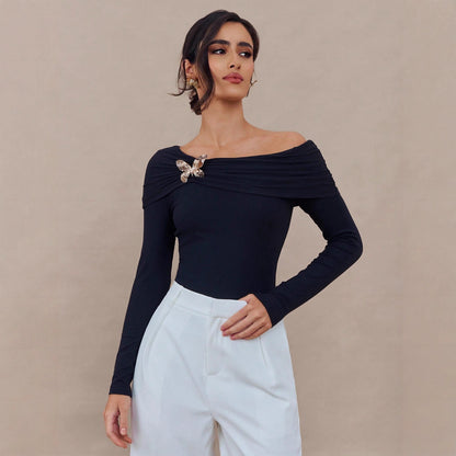 Off Shoulder Ruched Long Sleeve Top with Butterfly Brooch
