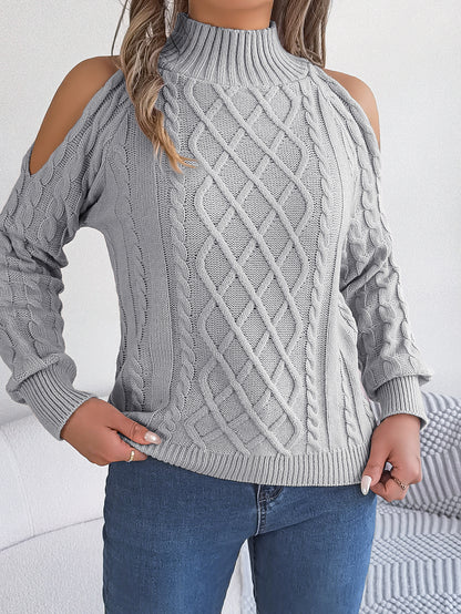 2025 Fall Winter Off-Shoulder Cable Knit Turtleneck Sweater