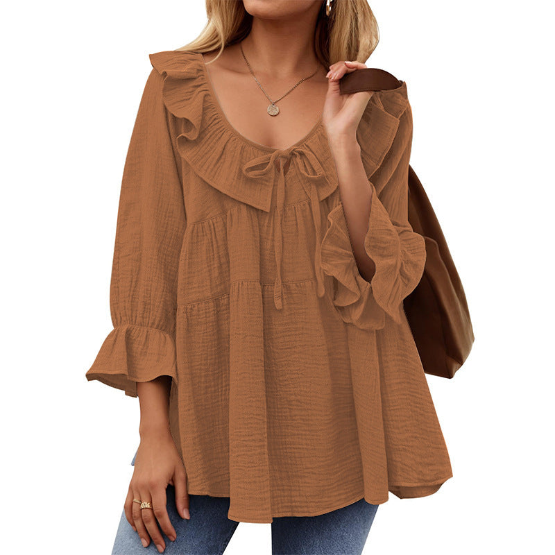 Women's Boho Ruffled Tie Front Tiered Bell Sleeve Top