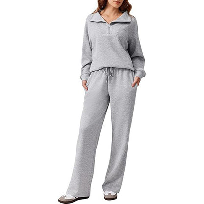 Women 2 Piece Lounge Set Half Zip Sweatshirt Wide Leg Pants