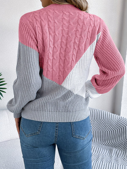 Colorblock Cable Knit Sweater – Casual Fall Winter Pullover