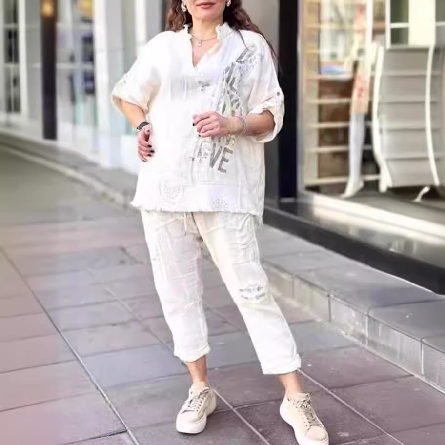 Women's Oversized Linen Blend 2 Piece Graphic Lounge Set