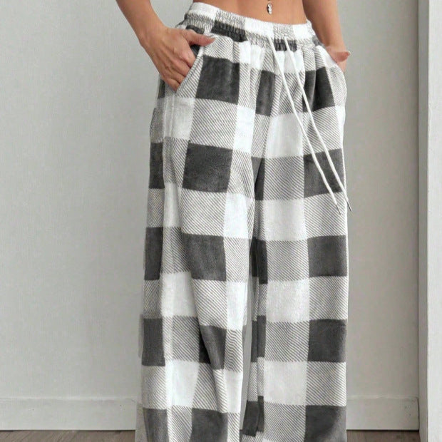 Plaid Wide Leg Capri Pants Elastic Waist Lounge