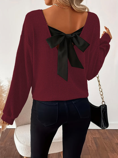 Women's V-Neck Bow Back Ribbed Long Sleeve Loose Fit Top