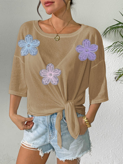 Women's Sheer Tie Front Beach Cover Up Lace Floral Top