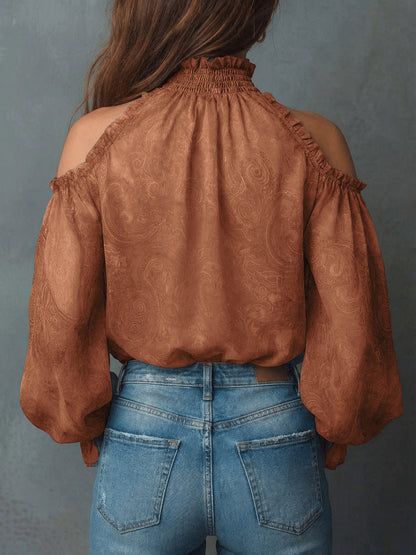 Cold Shoulder Paisley Blouse Balloon Sleeve Smocked Neck