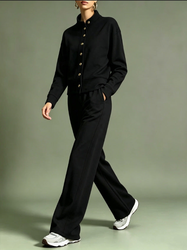 Women's Button Front Sweatshirt Wide Leg Pants Lounge Set