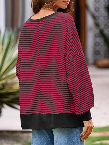 Oversized Waffle Knit Striped Crewneck Side Slit Pullover