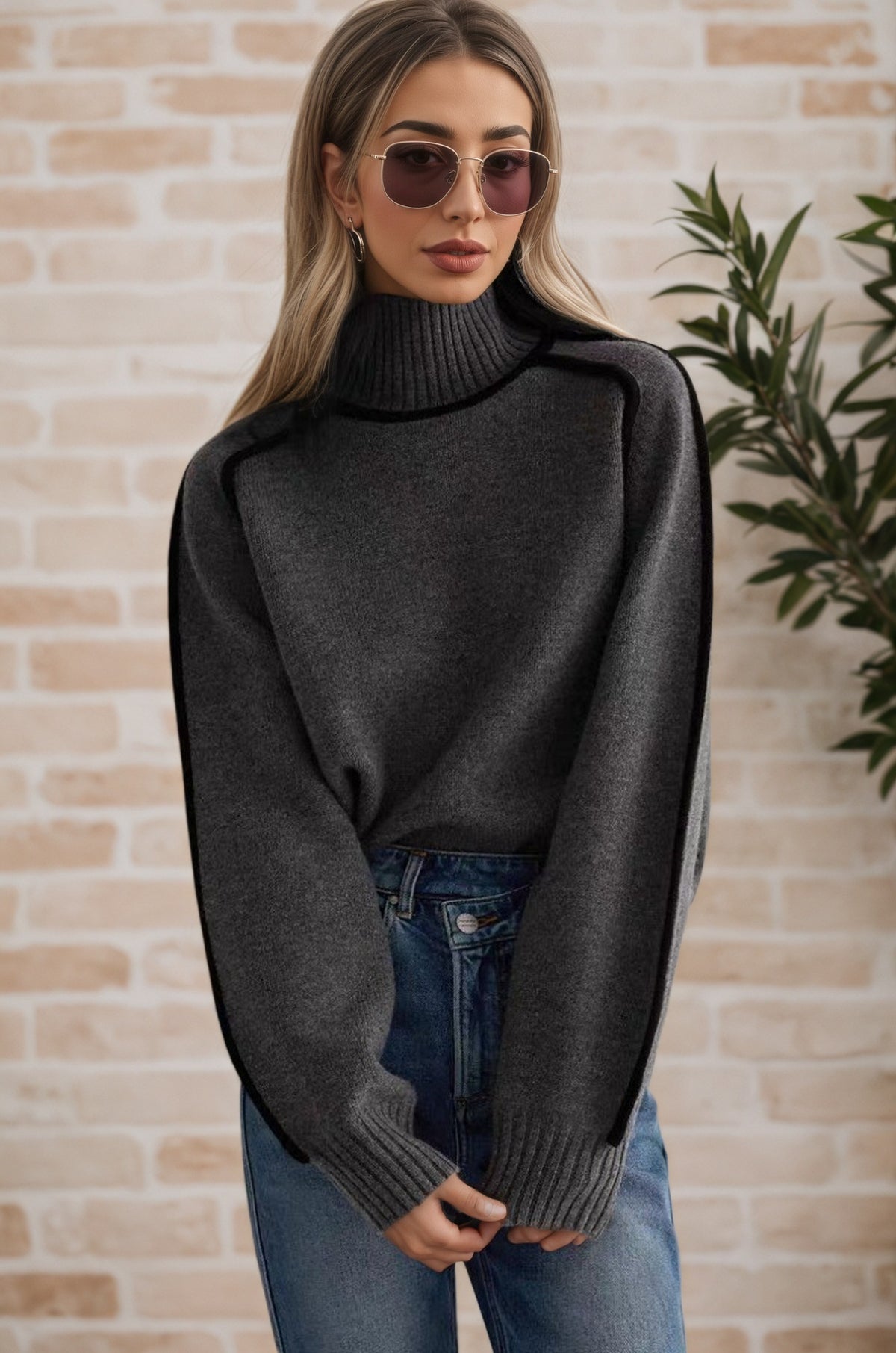 Women's Mock Neck Ribbed Sweater Contrast Trim Pullover