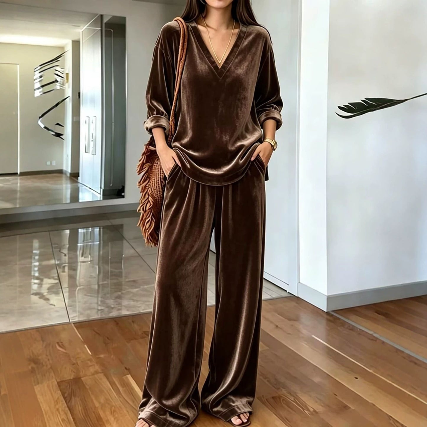 Women's Velvet V Neck Wide Leg Pants Two Piece Lounge Set