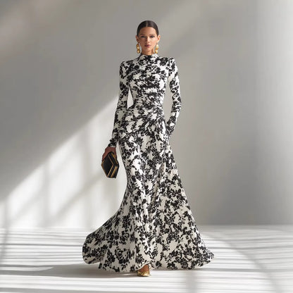 Women's Elegant Floral Ruched Long Sleeve Maxi Dress