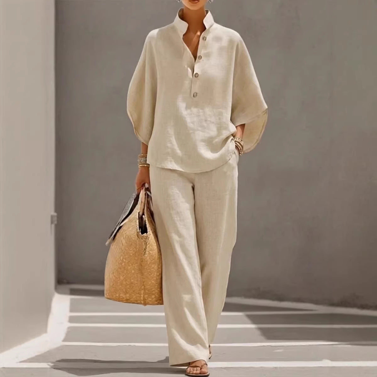 Womens Linen Blend Shirt & Wide Leg Pants Matching Set