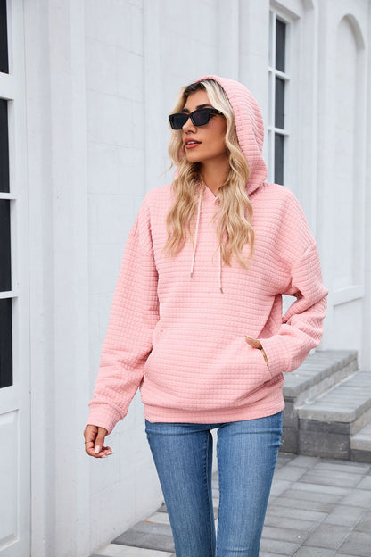 Pink Textured Oversized Hoodie with Front Pocket for Women