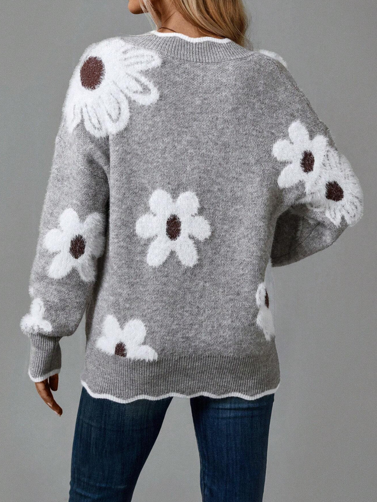 Women's V Neck Floral Fuzzy Pullover Sweater