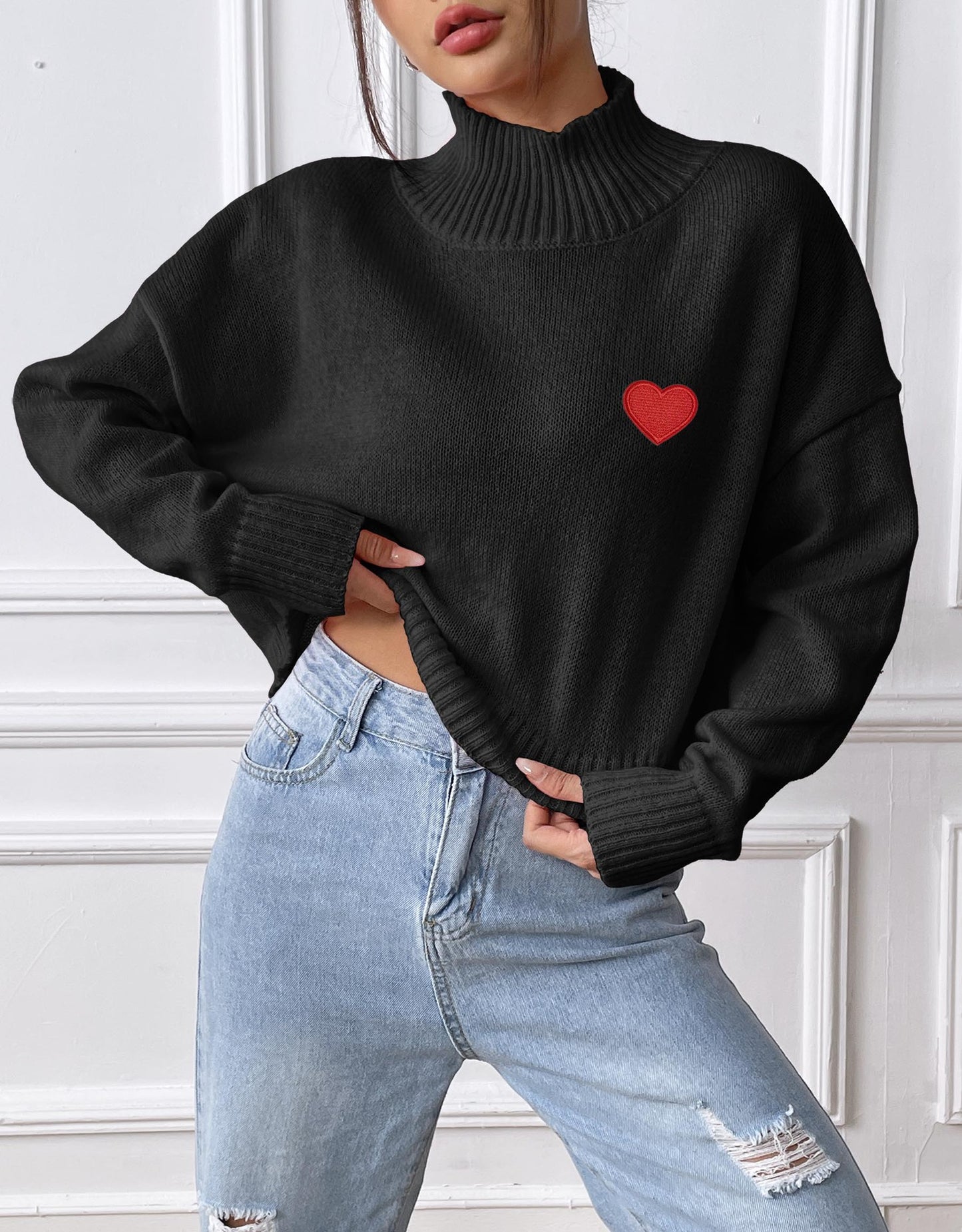 Women's Turtleneck Short Love Sticker Casual Bottoming Shirt