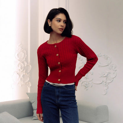 Women's Cable Knit Button Front Cropped Cardigan Sweater