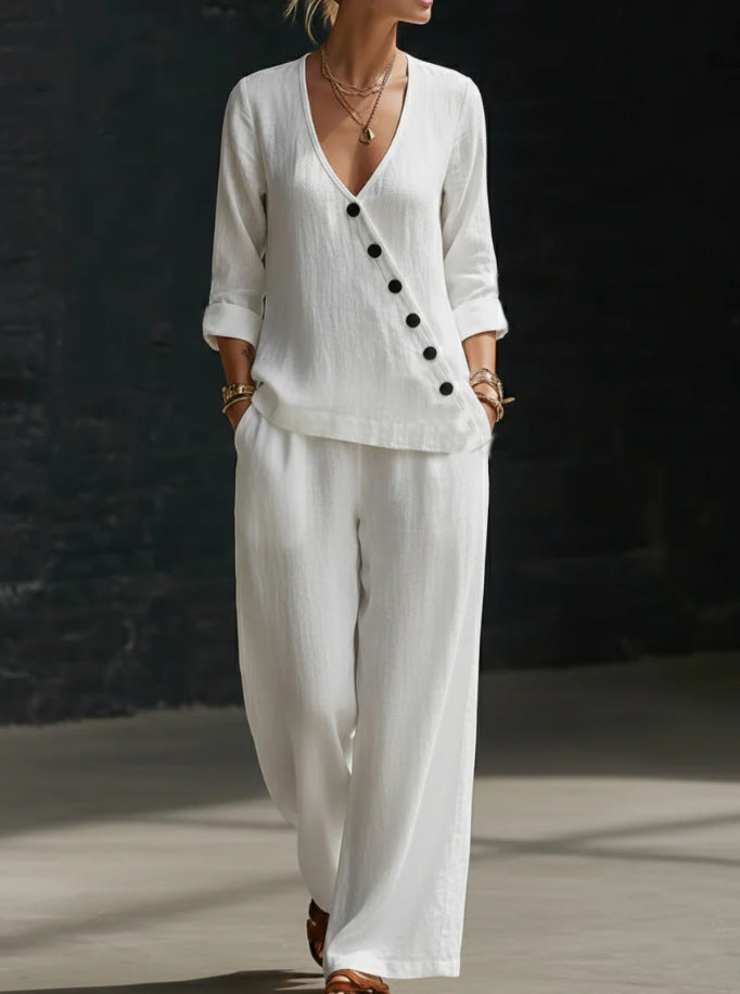 Women Cotton Linen 2 Piece Set V Neck Wide Leg Pants