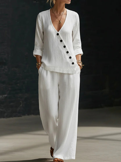 Women Cotton Linen 2 Piece Set V Neck Wide Leg Pants