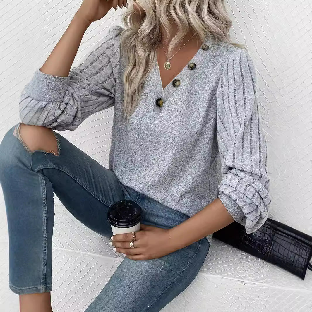 Women's V Neck Button Detail Puff Sleeve Top