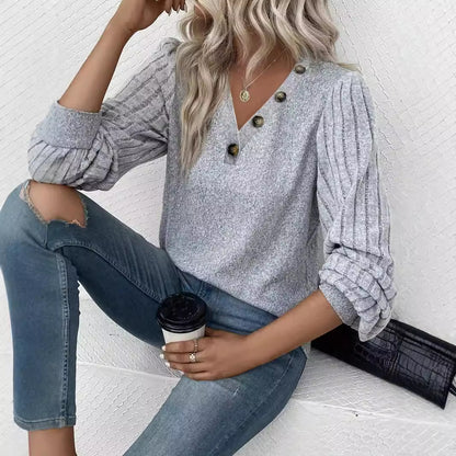 Women's V Neck Button Detail Puff Sleeve Top