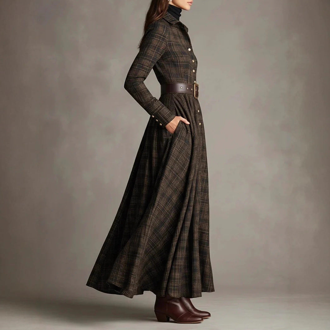 Belted Plaid Long Sleeve Maxi Shirt Dress