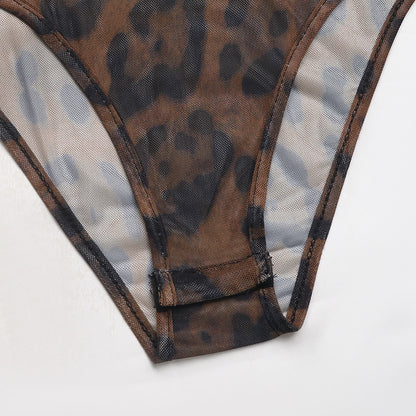 Fashion Leopard Print Sexy Mesh Stitching Horn Sleeve Onesie