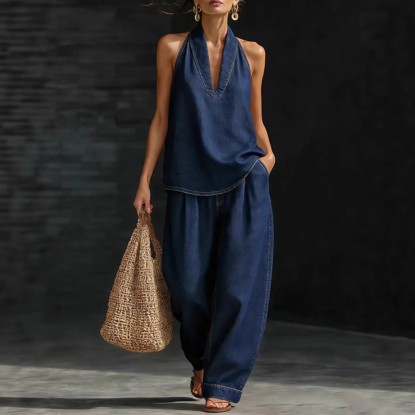 Women's Denim Halter Wide Leg Jeans Matching Set