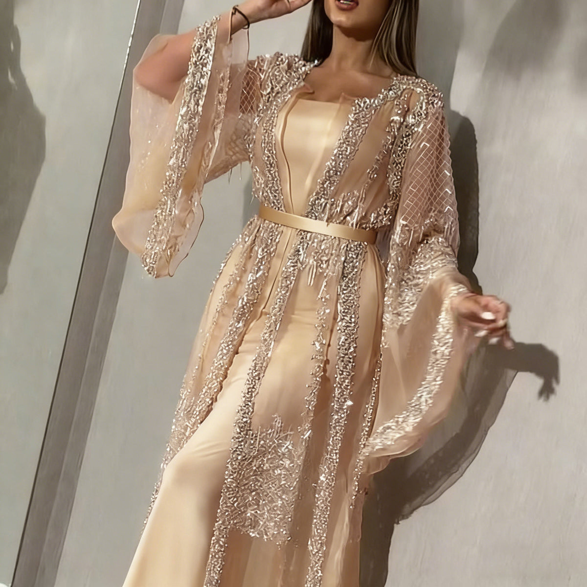 Sequin Evening Gown with Cape Sleeve