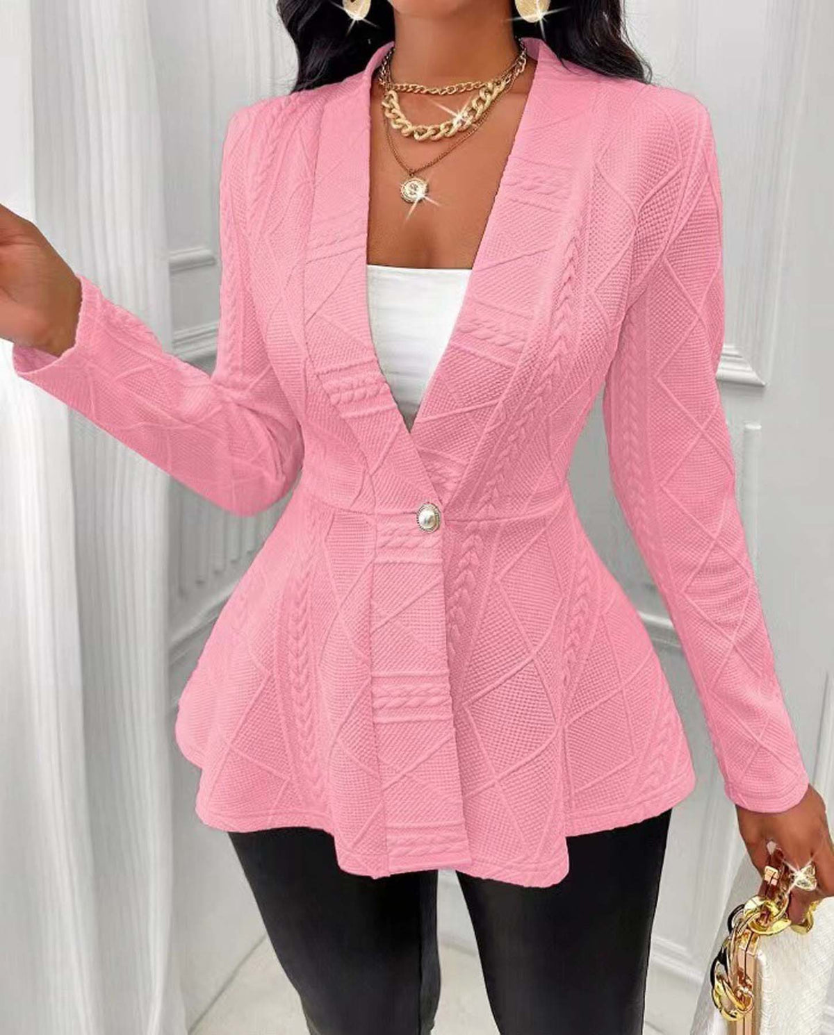 Women's Textured Peplum Blazer One Button Long Sleeve