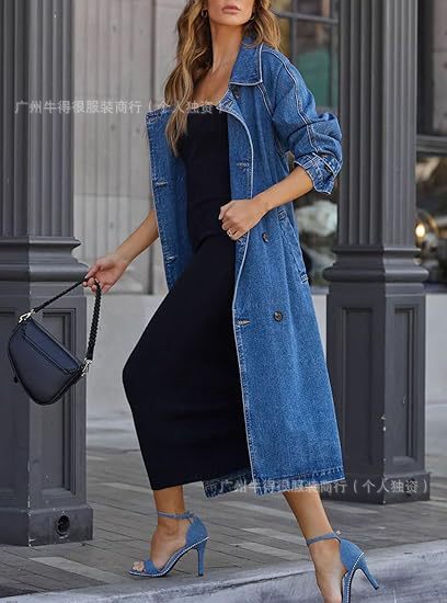 Womens Long Denim Trench Coat Oversized Vintage Jacket