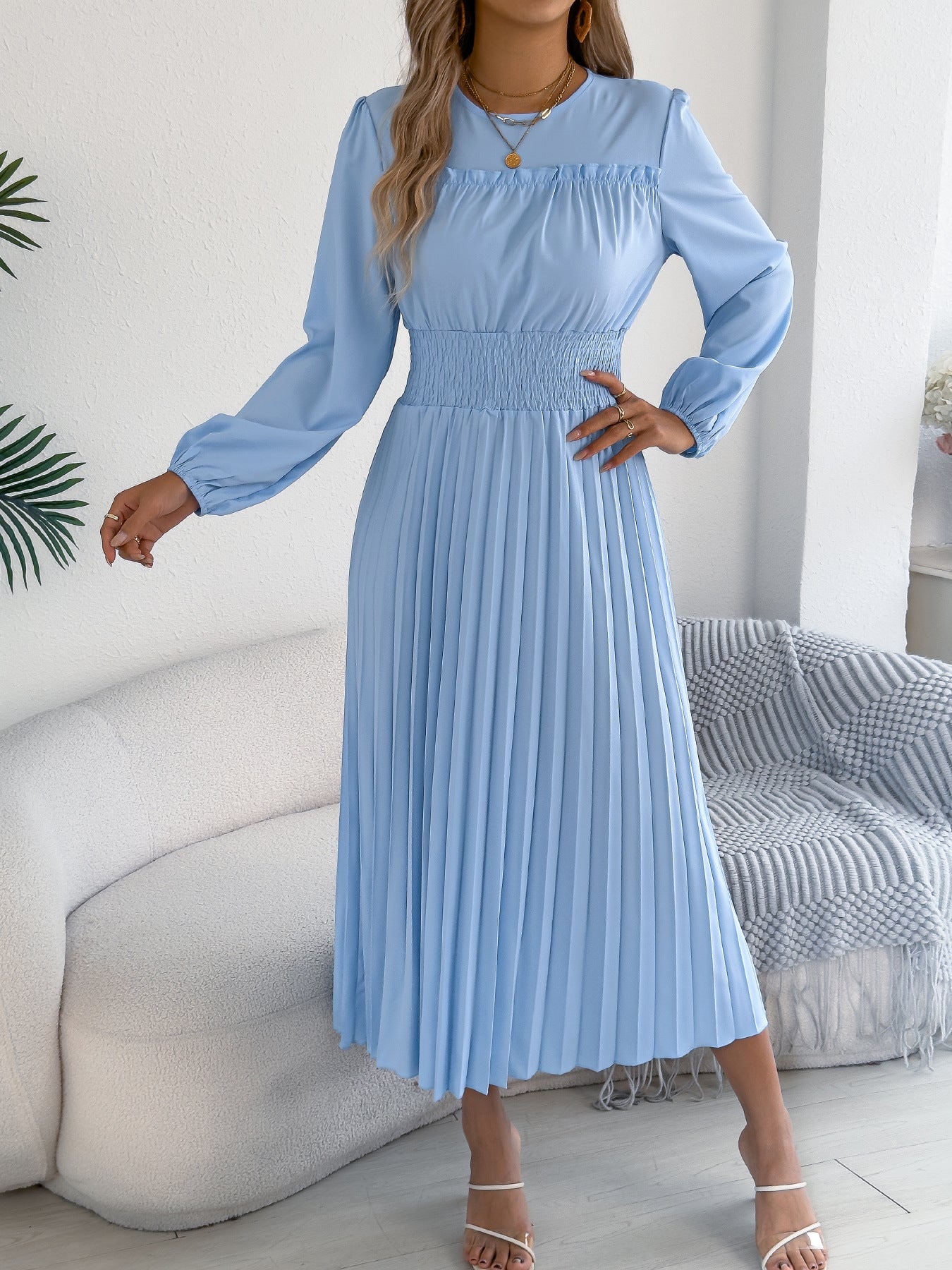 Pleated Maxi Dress Smocked Waist Long Sleeve Midi Dress