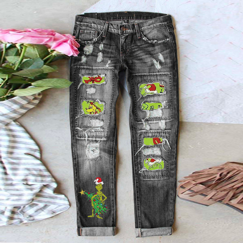 Women’s Ripped Straight Leg Jeans with Christmas Grinch Patches