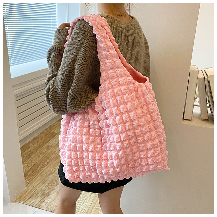 Textured Bubble Knit Shoulder Tote in Rose Pink