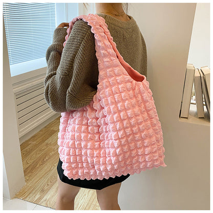 Textured Bubble Knit Shoulder Tote in Rose Pink