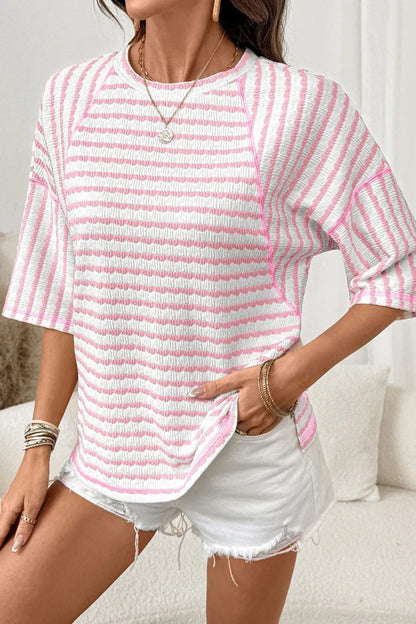 Striped Cotton Blend Tee Casual Half Sleeve Top