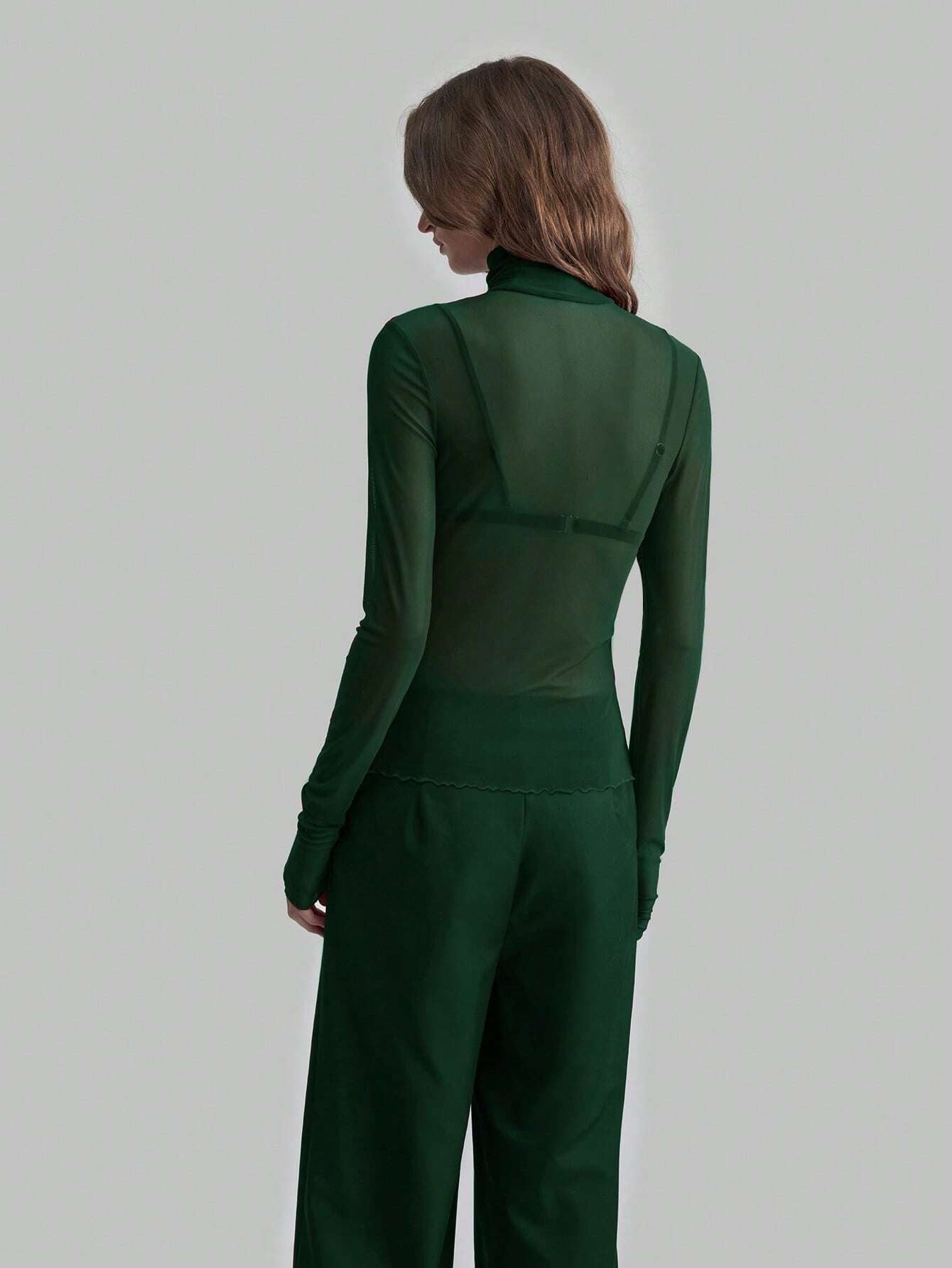 Solid Mesh Turtleneck Top Long Sleeve Fitted Blouse