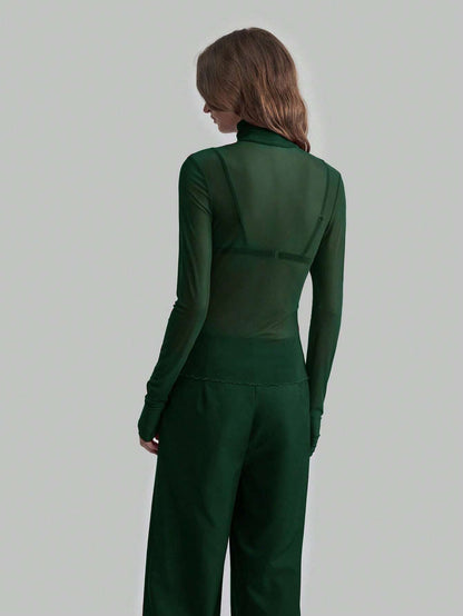 Solid Mesh Turtleneck Top Long Sleeve Fitted Blouse