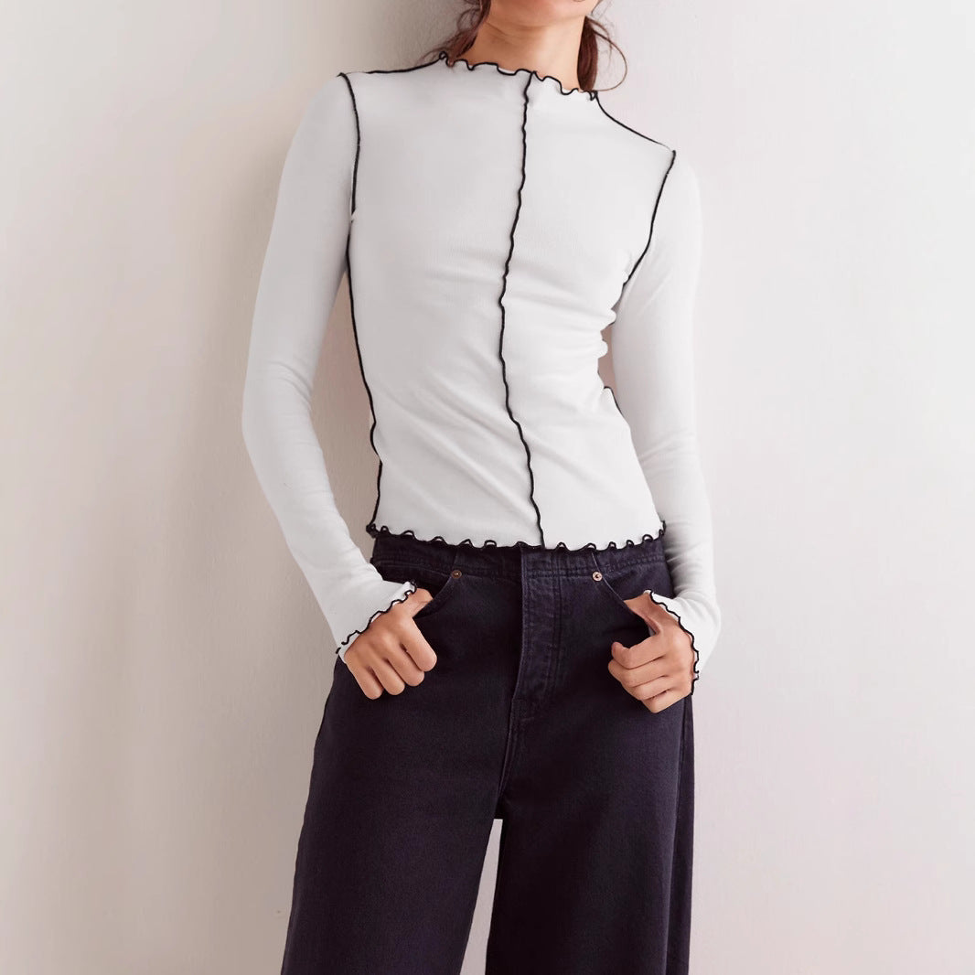 Lettuce Edge Mock Neck Contrast Stitch Long Sleeve Top