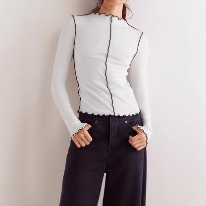 Lettuce Edge Mock Neck Contrast Stitch Long Sleeve Top