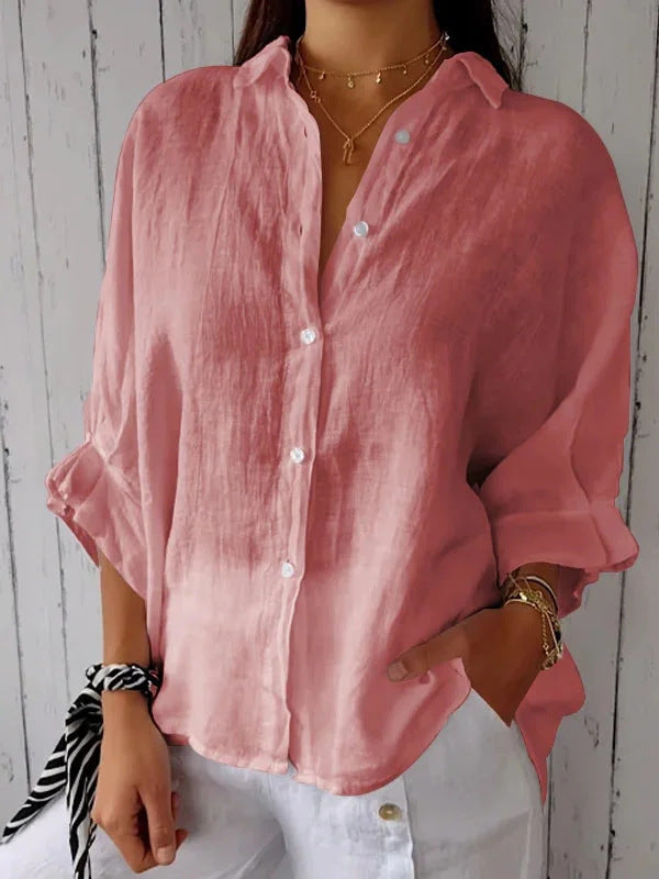 Cotton Linen Tie Back Button Down Shirt Long Sleeve