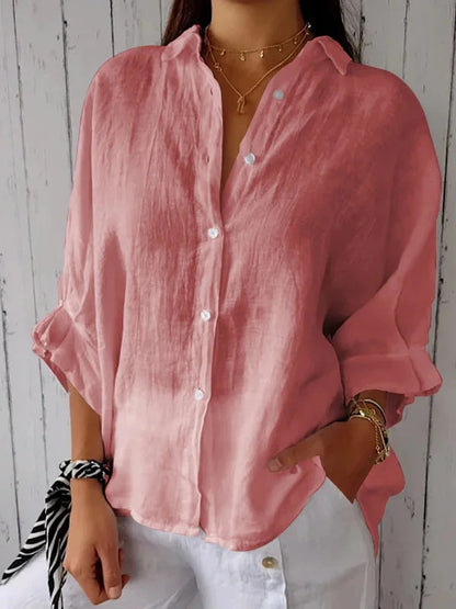 Cotton Linen Tie Back Button Down Shirt Long Sleeve